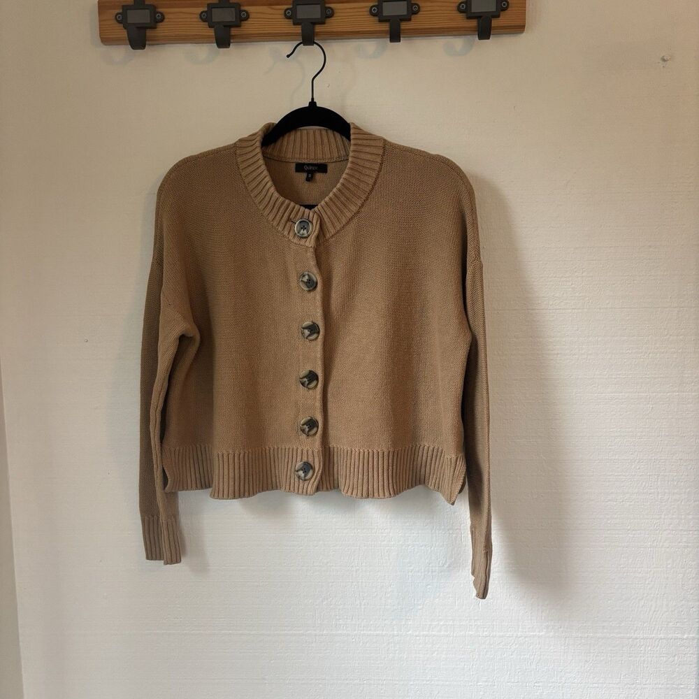 Quince 100% Organic Cotton Cropped Cardigan Camel Tan Brown Small S